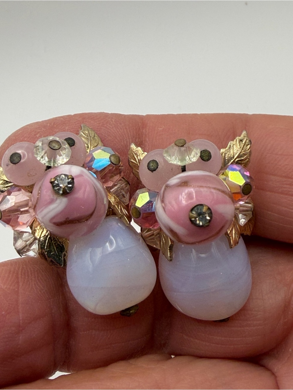 Vintage 1950’s-60’s pink Art glass AB crystal floral cluster clip on earrings